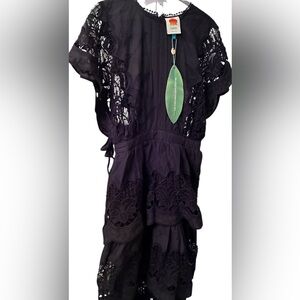 Farm RIO #312173 BLACK RICHILIEUR MIDI DRESS BLACK Layered Ruffles - S